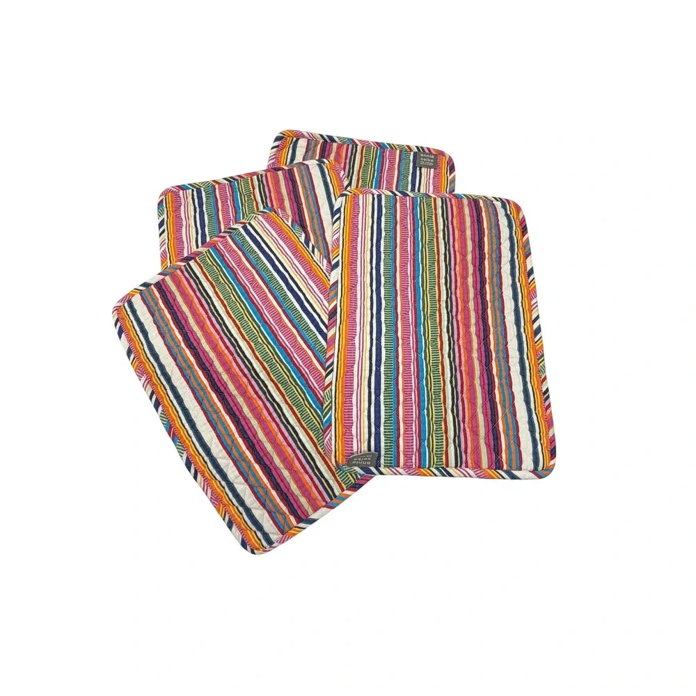 Annie Selke Pine Cone Hill Quilted Multi Stripe Cotton Placemats Set of 4 Boho